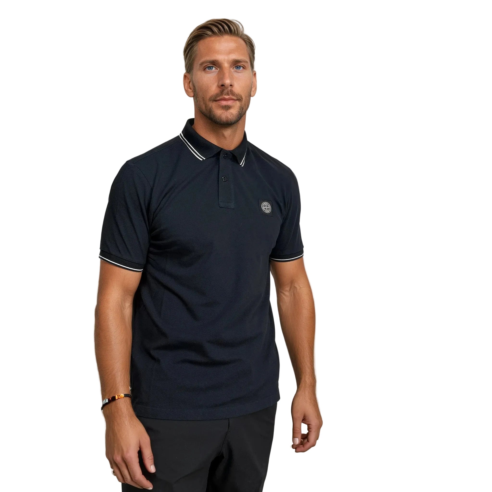 Stone Island Stripe Collar Slim Fit Navy Polo Shirt